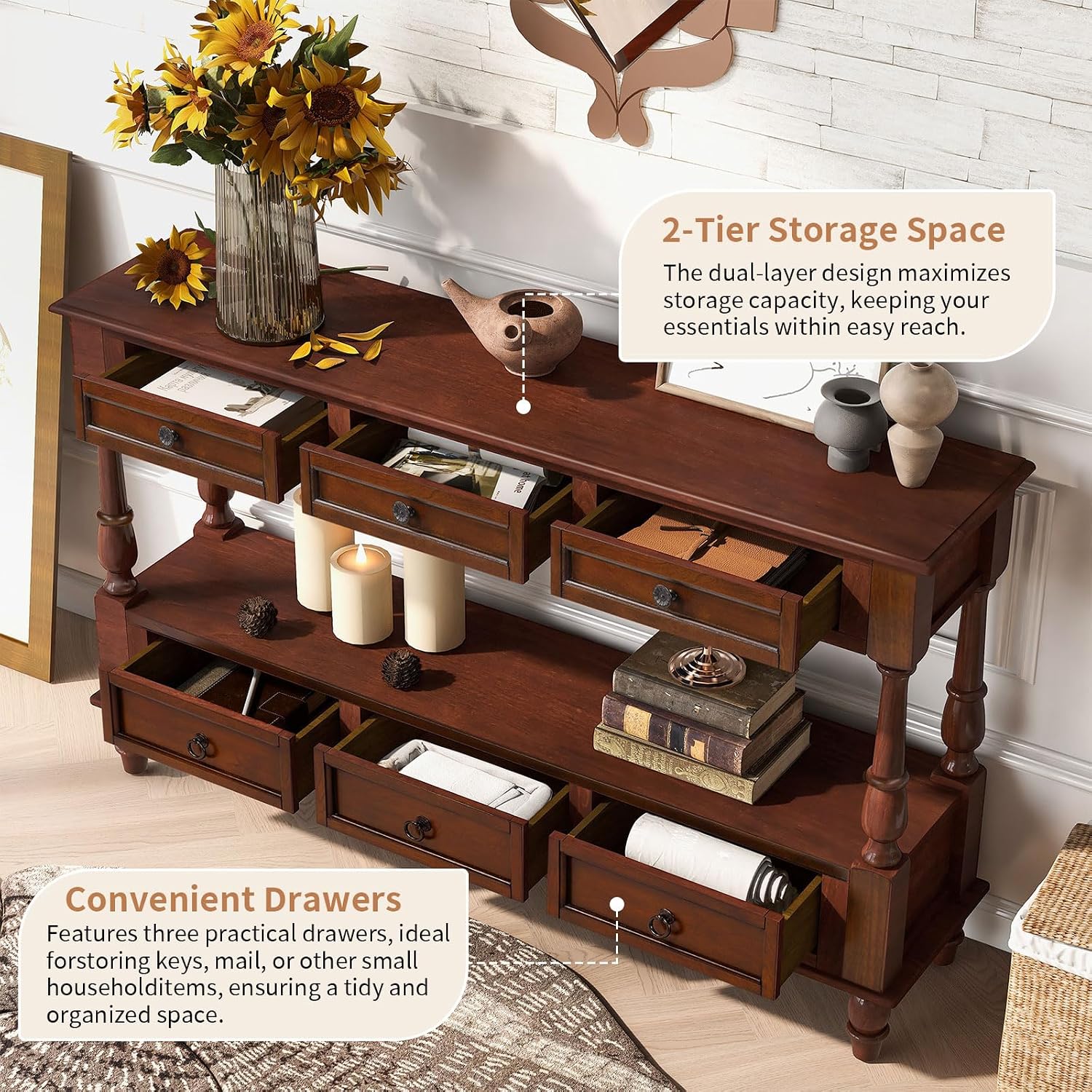 LKTART 54'' Solid Wood Console Table, Farmhouse Entryway Table with 6 Drawers and Shelf, Narrow Long Sofa Table with Storage for Living Room Hallway, Couch, Foyer (Cherry)