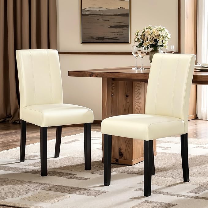 CHUN YI Dining Chairs Set of 2, Faux Leather Dining Room Chairs, High Back Upholstered Parsons Chairs for Dining Room Kitchen Side Chair with Sturdy Wood Legs, Cream