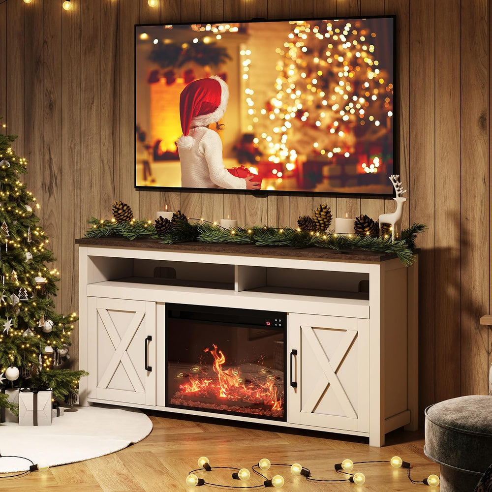 BELLEZE Corin 58" TV Stand with 23" Electric Fireplace - White
