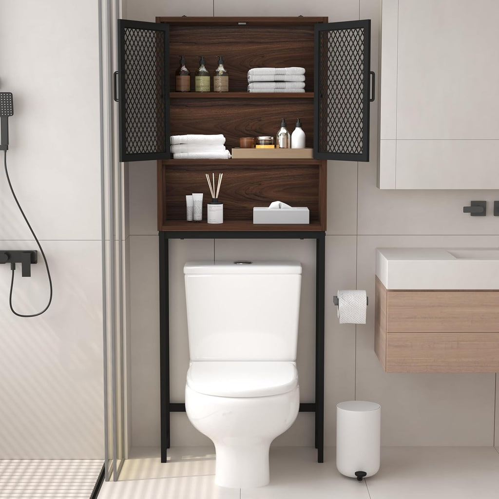 Launica Over The Toilet Storage Cabinet, Bathroom Organizer Over Toilet, Wood Metal Industrial Bathrooms Space Saver Shelf, Freestanding Bathrooms Cabinet Above Toilet wtih Rack, Walnut