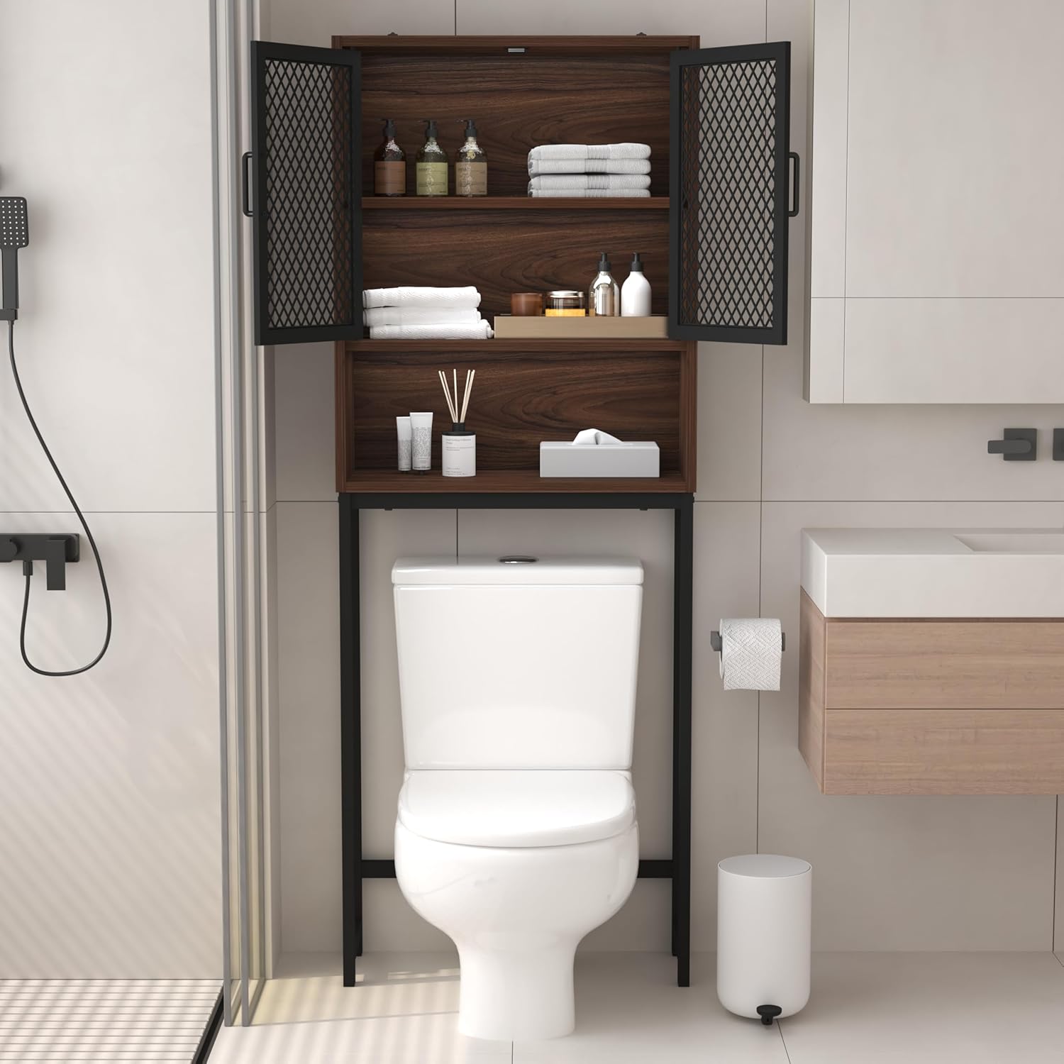Launica Over The Toilet Storage Cabinet, Bathroom Organizer Over Toilet, Wood Metal Industrial Bathrooms Space Saver Shelf, Freestanding Bathrooms Cabinet Above Toilet wtih Rack, Walnut