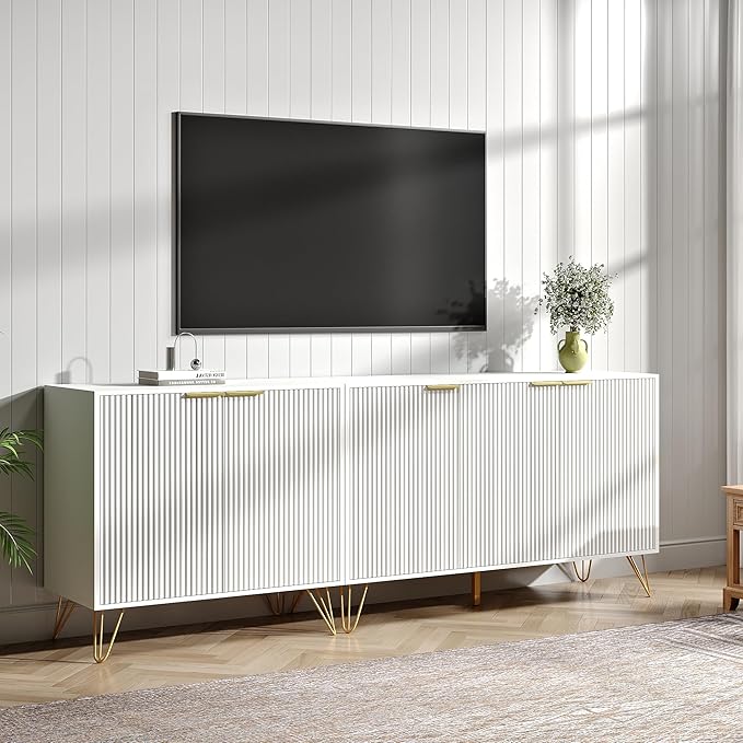 Fluted TV Stand for 80 Inch TV, Modern TV Stand Console, White Entertainment Center with Storage Cabinets, Adjustable Shelves & Gold Handles, Wood Media Cabinet for Living Room