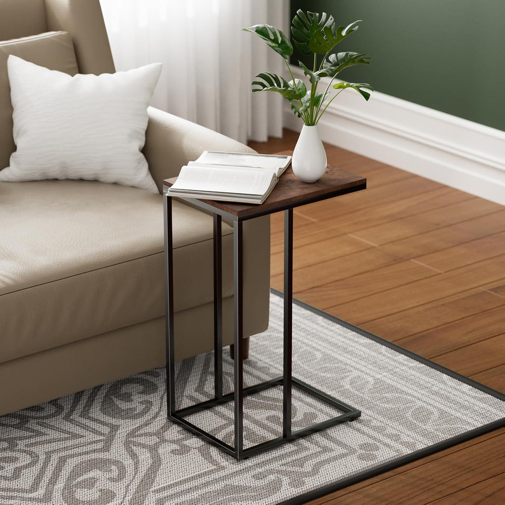 COZAYH Farmhouse C Shaped Couch End Table with Burl Finish Tray Top, Small Sn...