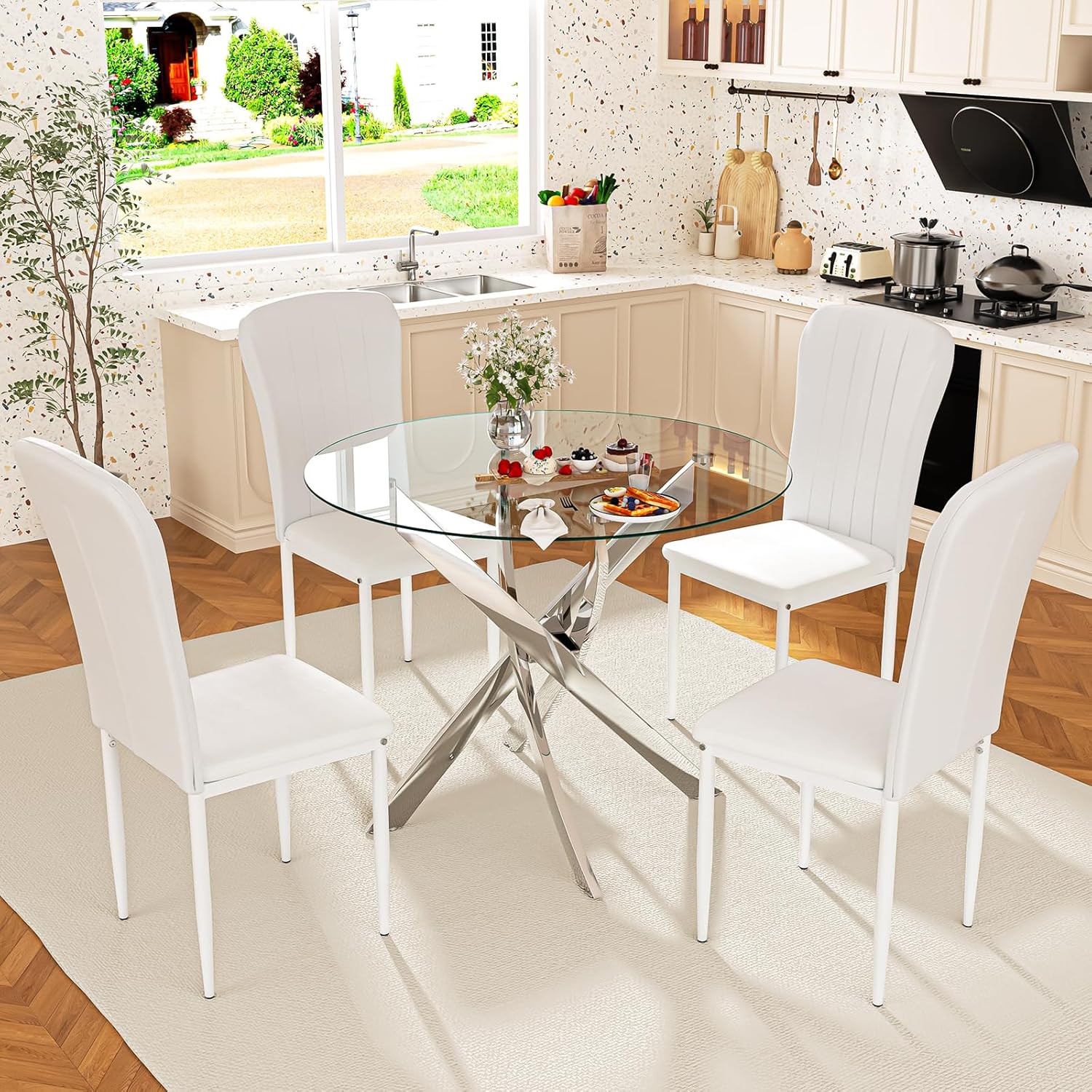 Glass Dining Table Set for 4, Modern Round Dining Room Table with Chairs, 5 Piece Kitchen Table and Chairs Set, for Living Room, Small Space (Include 4 White Chairs)