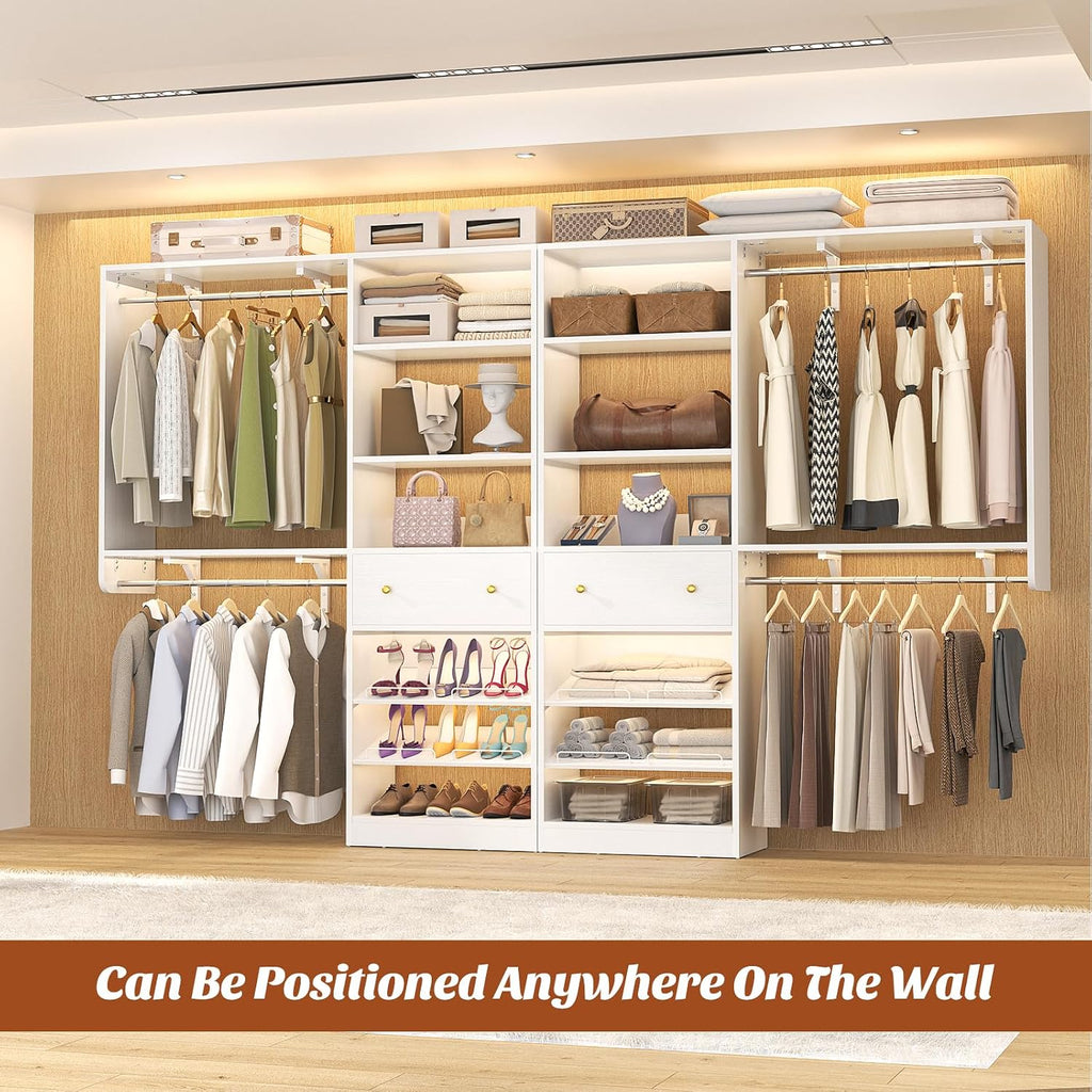 Closet System with Drawer - Reversible 5FT Wood Closet Organizer System with 2 Hanging Rods and Adjustable Shelf, Walk In Closet Organizers with Shoe Rack, Built-In Garment Rack Clothes Rack, White