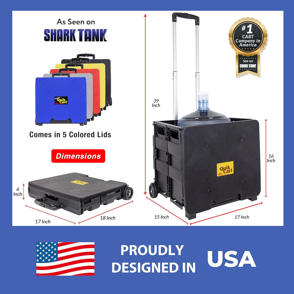 dbest products Quik Cart Collapsible Rolling Crate on Wheels for Teachers Tote Basket 80 lbs Capacity, Made from Heavy Duty Plastic Used as a Seat, Black