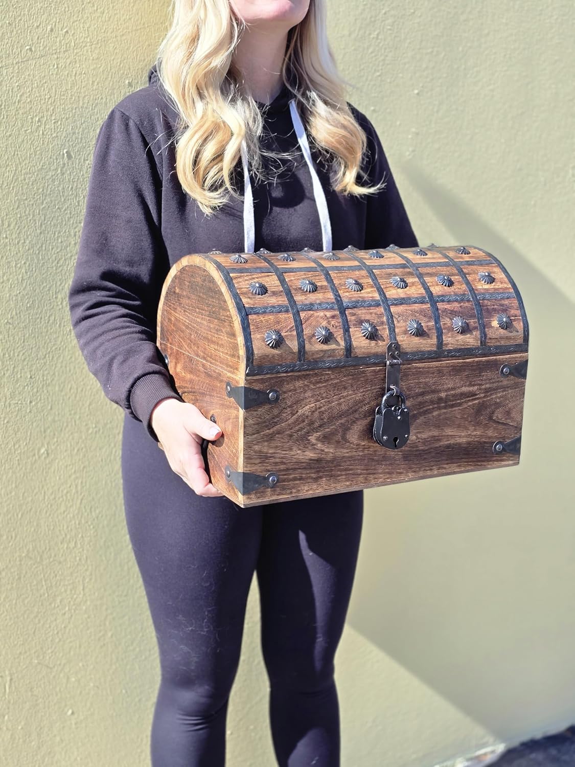Handmade Pirate Treasure Chest - Wooden Storage Box with Iron Lock & Skeleton Key - Rustic Decorative Jewelry (XL 16 x 11 x 11)