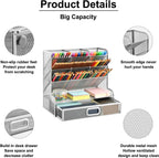 Marbrasse Larger Mesh Desk Organizer with Drawer, Multi-Functional Pen Pencil Holder, Desk Organizers and Accessories for Office Art Supplies (Silver Mesh Pen Holder with Drawer)