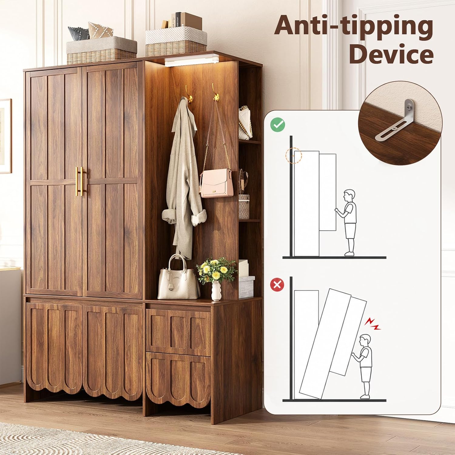 Armoire Wardrobe Closet with 2 Drawers, 3 Open Shelves, Sensor Light, 71” Tall Bedroom Armoire with Hanging Hooks and 2 Doors, Modern Fluted Wooden Closet Combination with Large Storage, Walnut