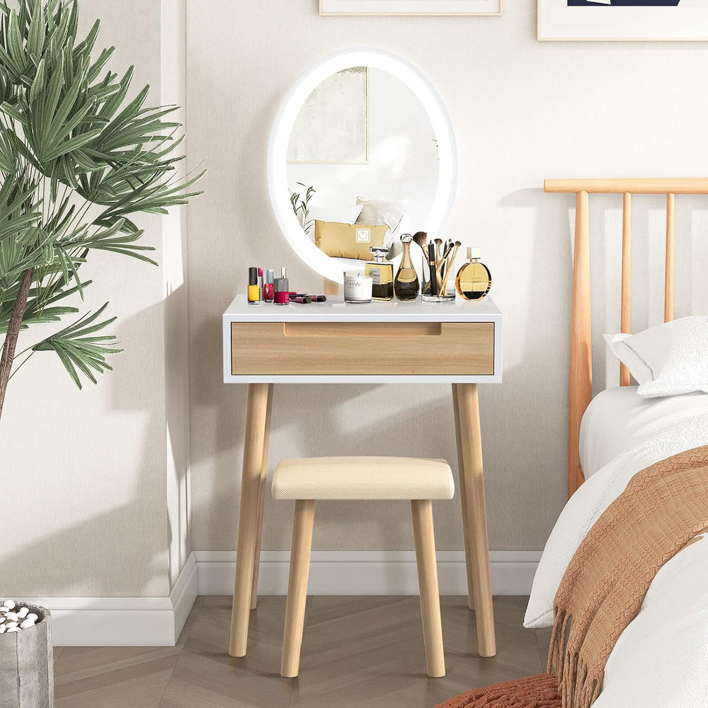 YOURLITE Makeup Vanity Table Set with 3 Modes Adjustable Lighted Mirror Cushi...