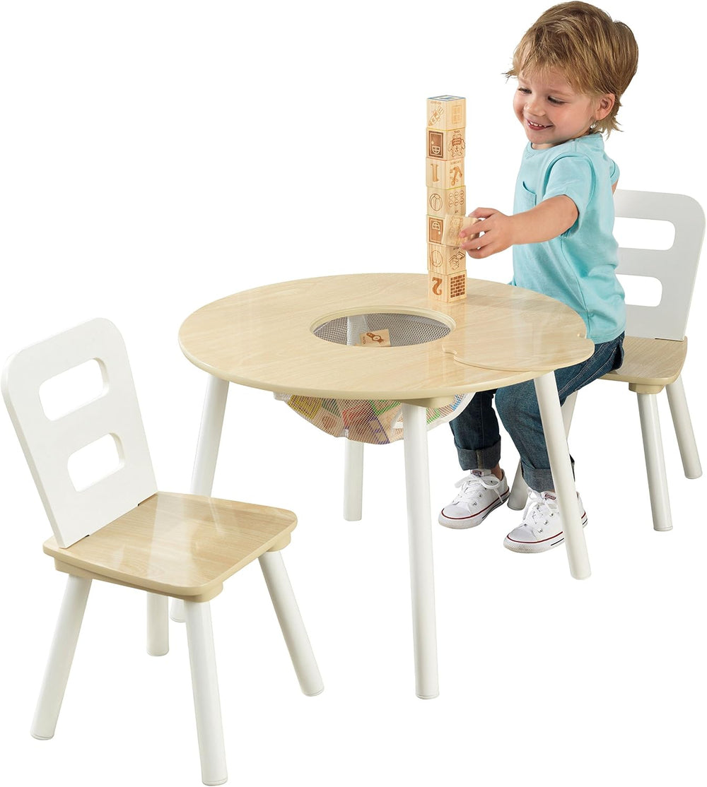 KidKraft Wooden Round Table & 2 Chair Set with Center Mesh Storage - Natu...