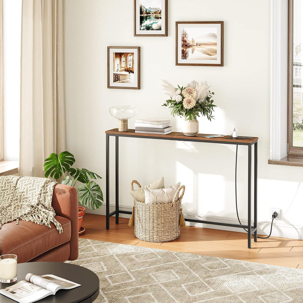 HOOBRO 47.2" Narrow Console Table with Power Outlet, 5.9" Behind Co...