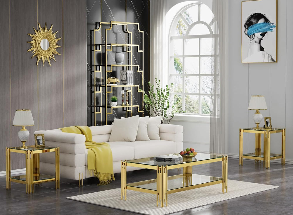 3 Pieces Coffee Table Set, Tempered Glass Living Room Table Set of 3, Modern ...