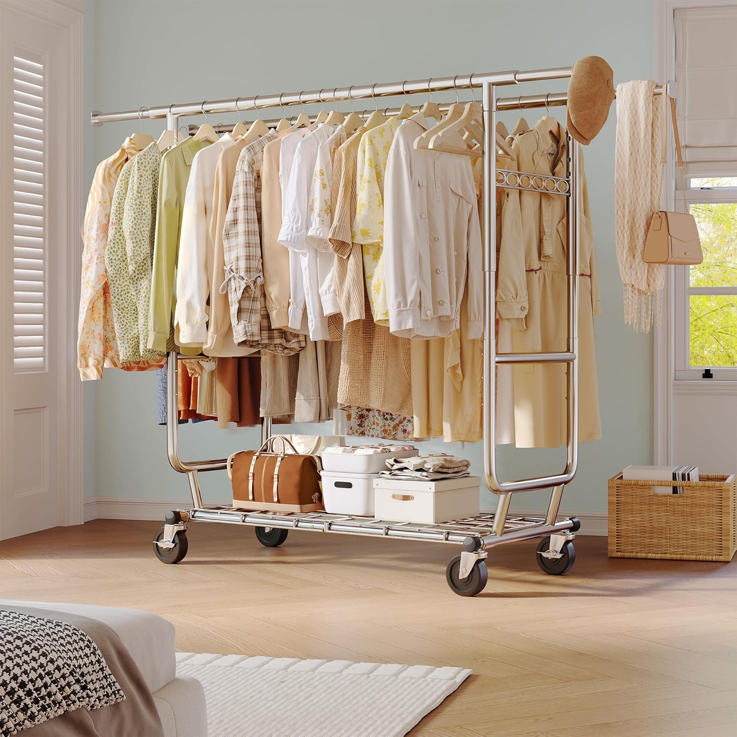 Raybee Clothes Rack Load 630LBS, Heavy Duty Clothes Rack, Rolling Clothing Racks for Hanging Clothes with Wheels, Adjustable & Commercial Garment Rack, 22" D x 75" W x 68" H
