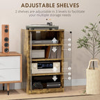 HOMCOM Media Cabinet, 4-Tier Stereo Cabinet for Vinyl Record Player, Gaming Console, AV Record Player Stand with Adjustable Shelves, Push-to-Open Glass Doors and Cable Management, Rustic Brown