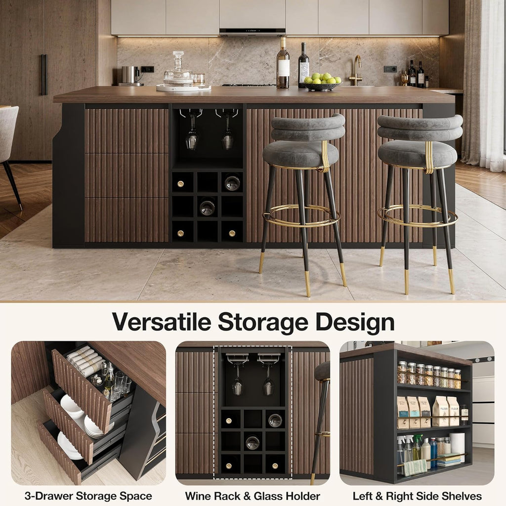 70.8 Inch Modern Multifunctional Kitchen Island Tabletop Home Bar with 3 Drawers, Wine Rack, Glass Cup Holder Adjustable Dividers for Kitchen Dining Room Family Party