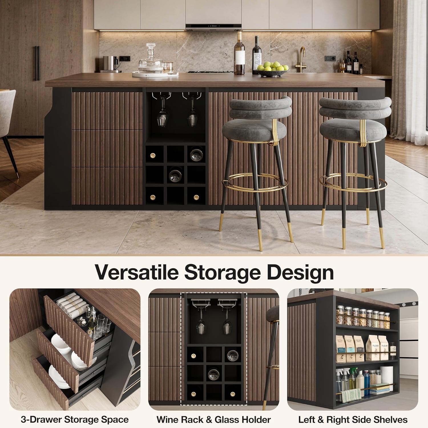 70.8 Inch Modern Multifunctional Kitchen Island Tabletop Home Bar with 3 Drawers, Wine Rack, Glass Cup Holder Adjustable Dividers for Kitchen Dining Room Family Party