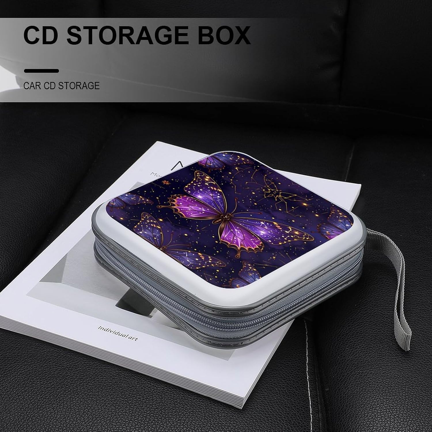 Butterfly Purple CD DVD Case Holder, 40 Disc Storage Wallet with Exclusive Printed Design, Zipper Closure And Handle for Music Movies Games Travel Car