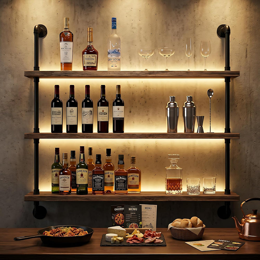39.4" Metal Wine Rack Wall Mounted with LED Strips and Glass Holder | 3-...