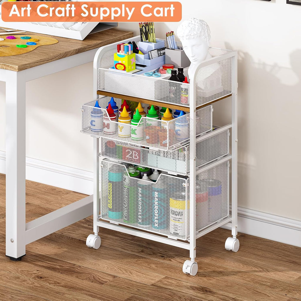 4-Tier Rolling Utility Cart with 3 Drawers - White Craft Organizers and Storage with DIY Dividers, Under Desk Art Supply Storage Organizer with 360° Lockable Wheels for Brushes Artifacts Small Parts