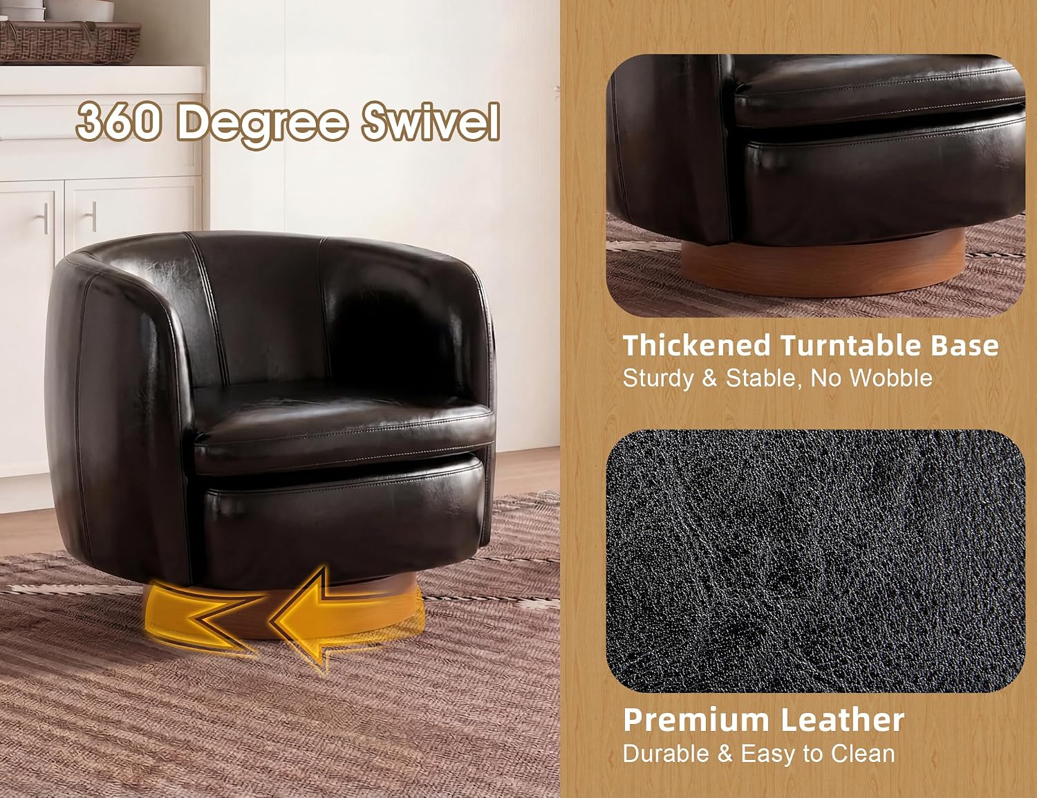 Mistpeople Swivel Barrel Accent Chair, 360° Rotating Small Single Sofa Chair, Upholstered Round Armchair with Solid Wood Base, Modern Comfy Mini Sofa for Living Room, Bedroom, Office, Black