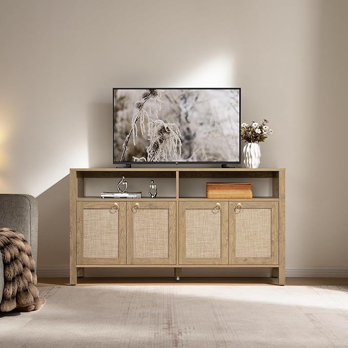 SICOTAS Rattan TV Stand for Television up to 65 Inch - 29.5" Tall Entertainment Center with Storage and Open Shelves,Boho Media TV Console Cabinet with 4-Doors and Adjustable Shelf for Living Room