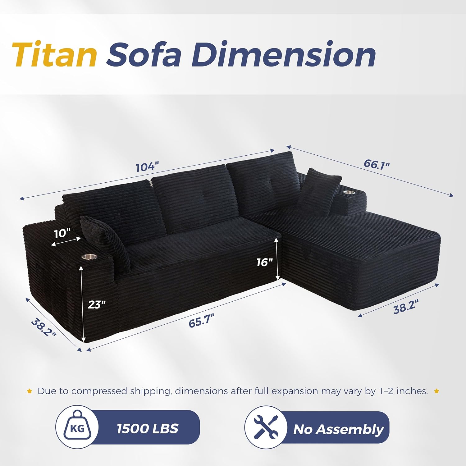 MAXYOYO Boneless Couch, 104-Inch L-Shape Sectional Sofa, Right-Facing Chaise