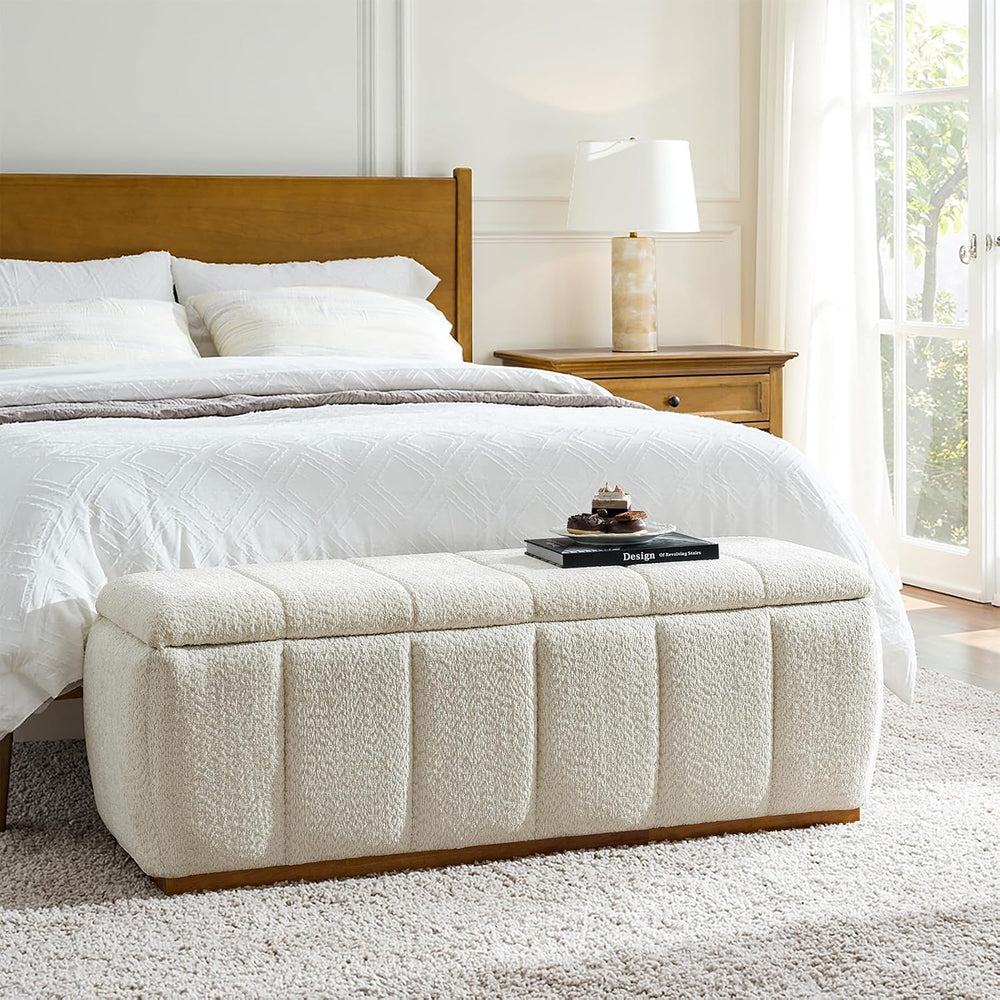 HULALA HOME Storage Bench with Solid Wood Base, Chenille End of Bed Bench for...