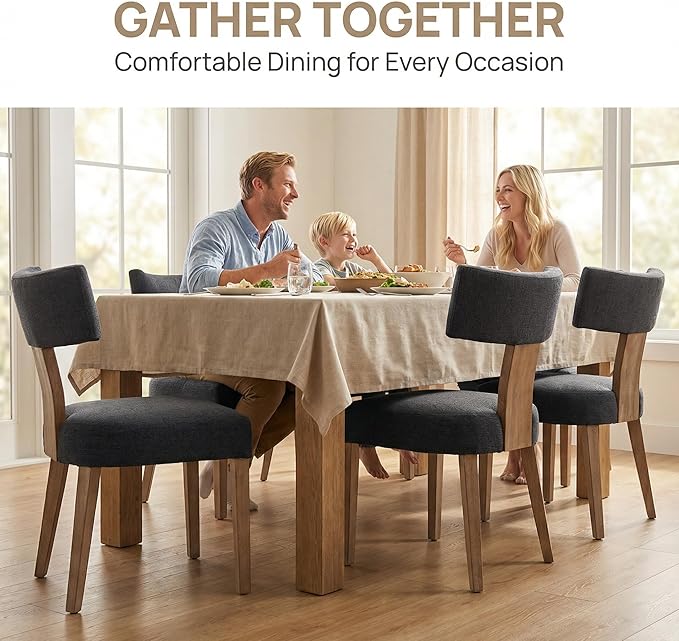 HNY Mid Century Modern Dining Chairs Set of 4, Farmhouse Linen Upholstered Accent Chair Curved Backrest Kitchen Chairs, with Hardwood Frame, Charcoal