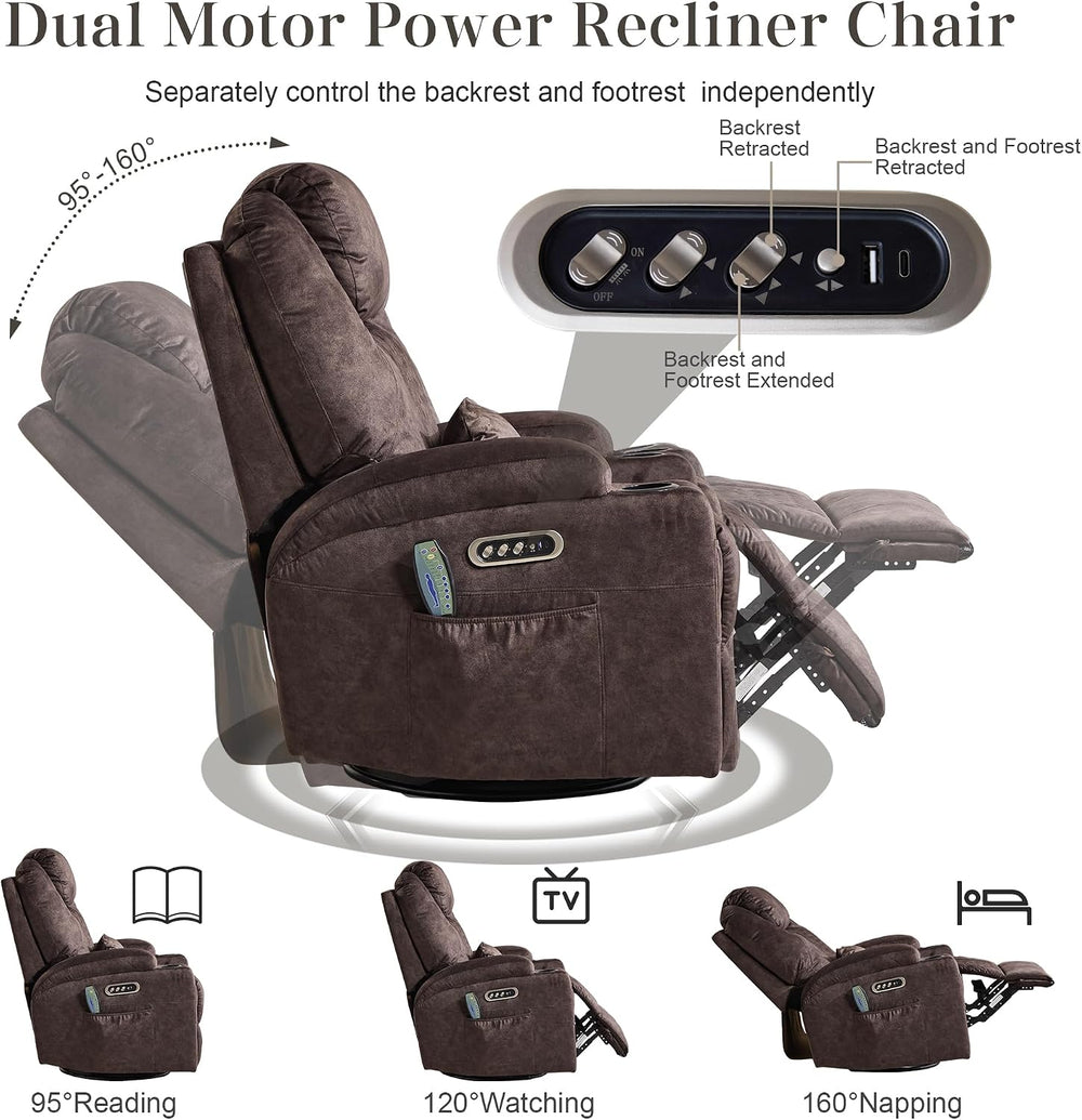 AHMED Dual Motor Power Swivel Rocker Recliner Chair, Velvet Brown | Electric ...
