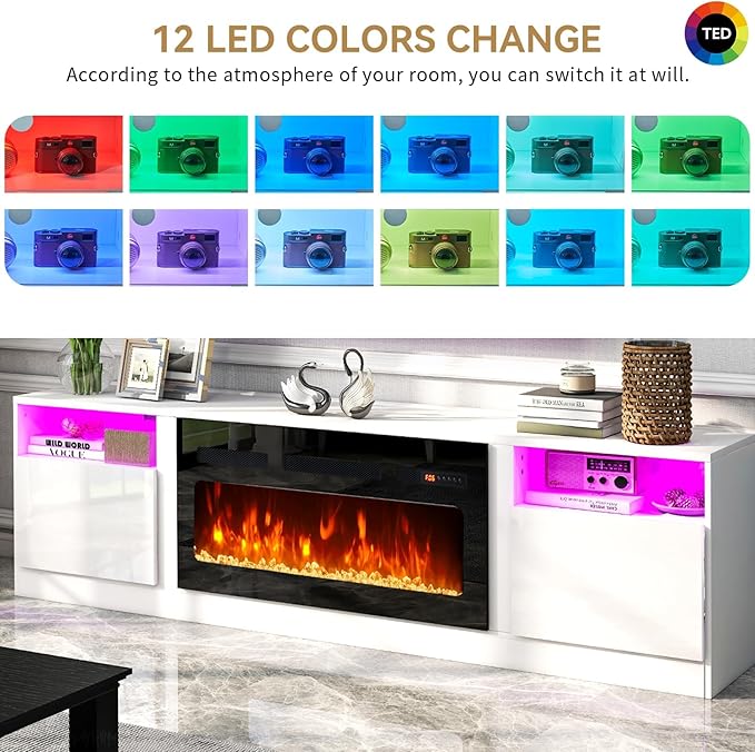 oneinmil 80” TV Stand with 36” Electric Fireplace, Large Modern Media Entertainment Center with Storage Cabinet and 12 Colors LED Lights for TVs Up to 90", White+Black