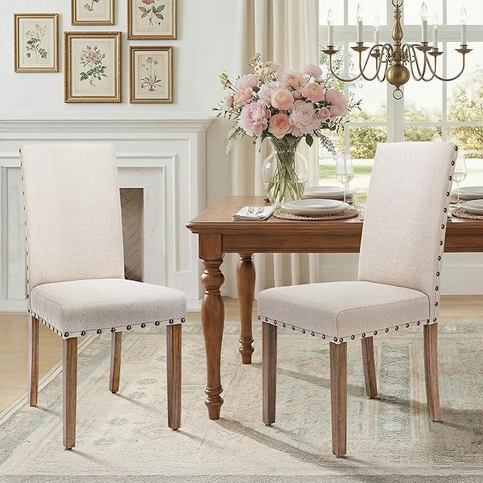 Upholstered Dining Chair Modern Stylish Parsons Kitchen Diner High Back with Bronze Nailhead Trim & Wood Legs, Set of 2, Beige