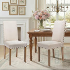 Upholstered Dining Chair Modern Stylish Parsons Kitchen Diner High Back with Bronze Nailhead Trim & Wood Legs, Set of 2, Beige