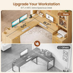 SEDETA 67" x 65" L Shaped Desk with Hutch, RGB LED Corner Computer Desk with Power Outlets, Fluted Home Office Desk with File Drawer, Storage Cabinet & Glass Display Cabinet for Gaming & Working, Oak