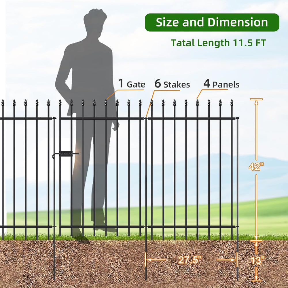 Decorative Metal Garden Fence with Gate 42" x 11.5', Dog Fence Outdoor