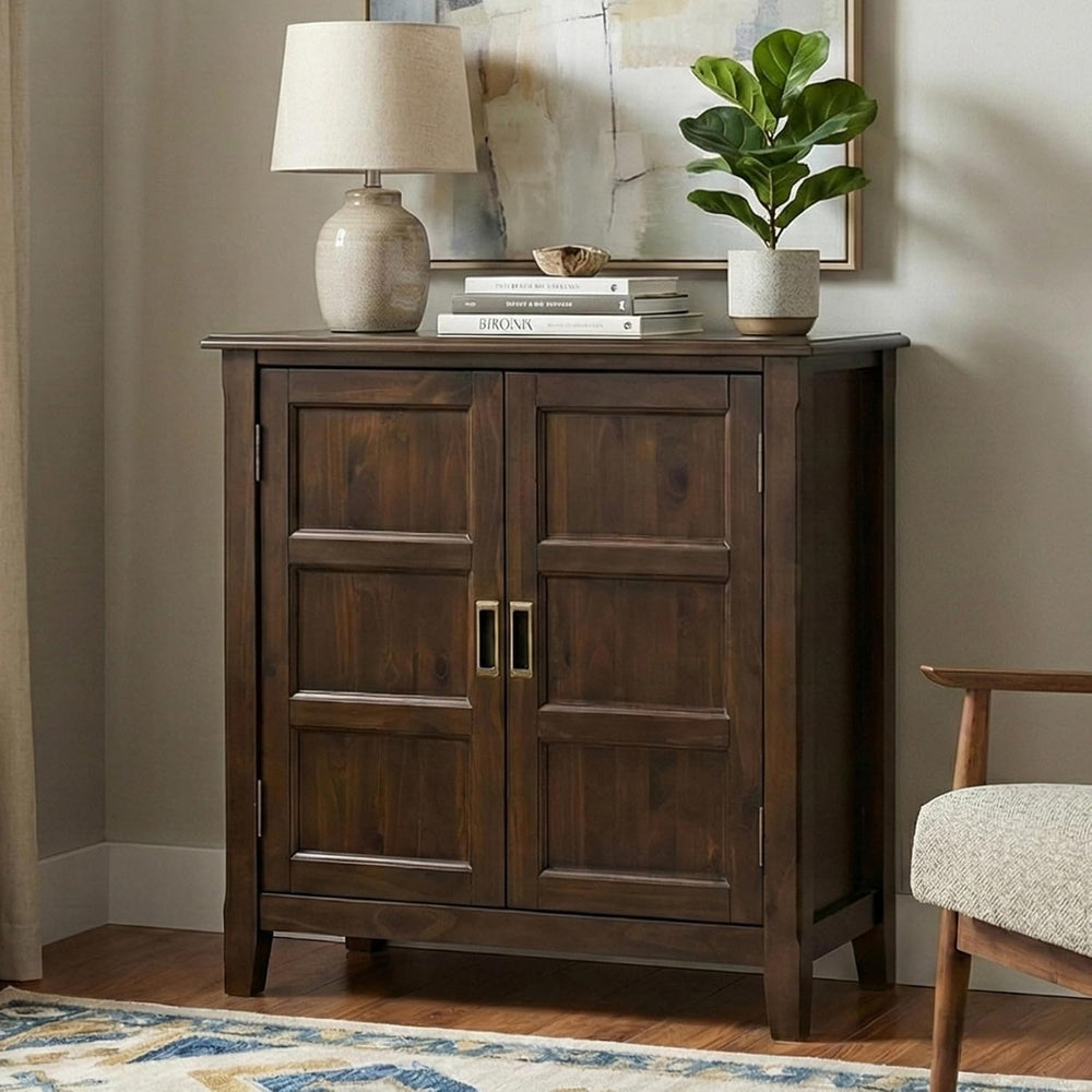 SIMPLIHOME Burlington 30" Wide Solid Wood Cabinet in Mahogany Brown