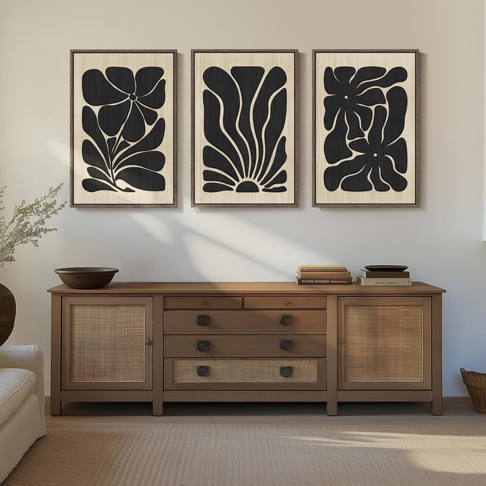 Large Framed Wood 3D Boho Black Floral Wall Art for Living Room, 24x36 Inch