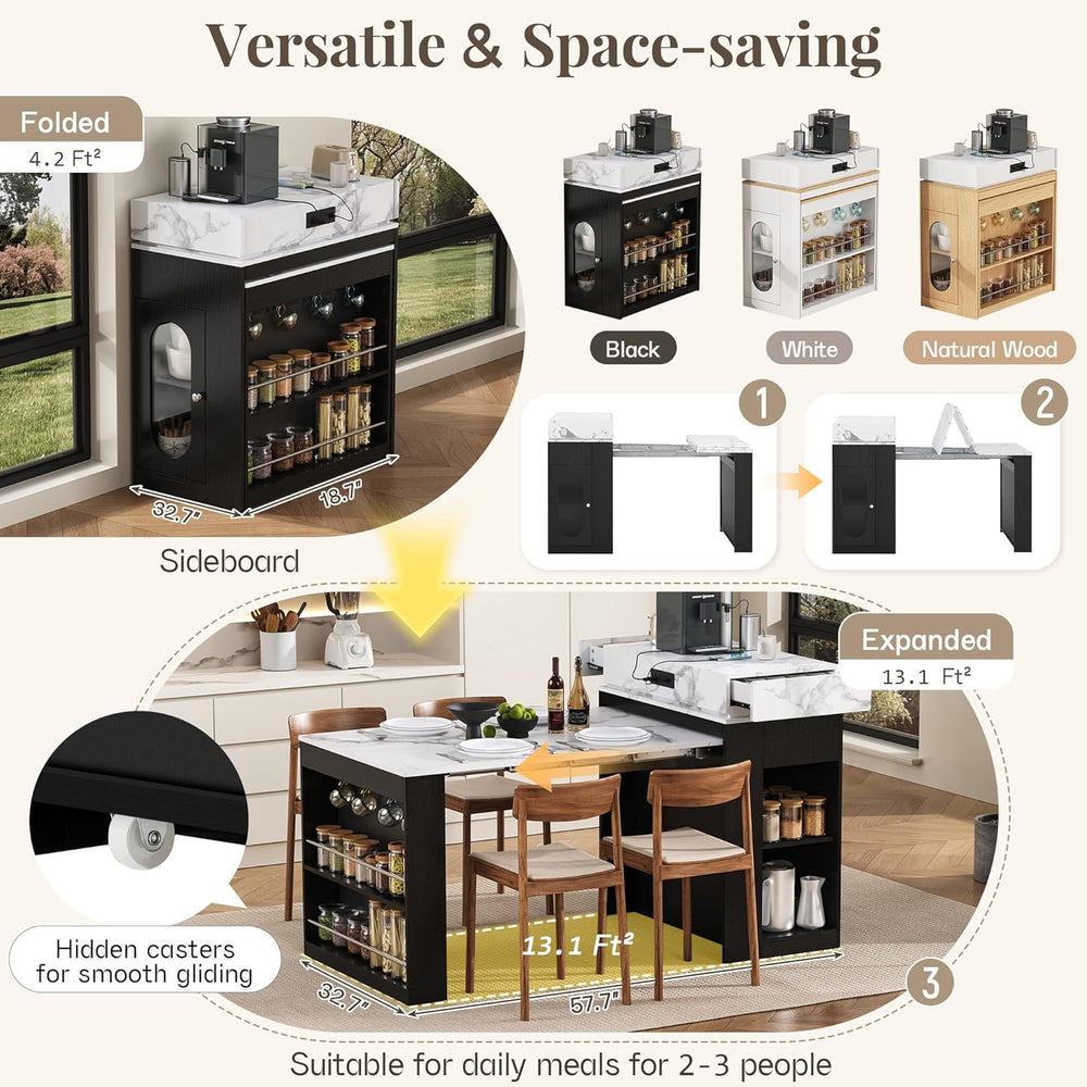 Extendable Dining Table with Folding Tabletop, Bar Table with Drawers and Pow...