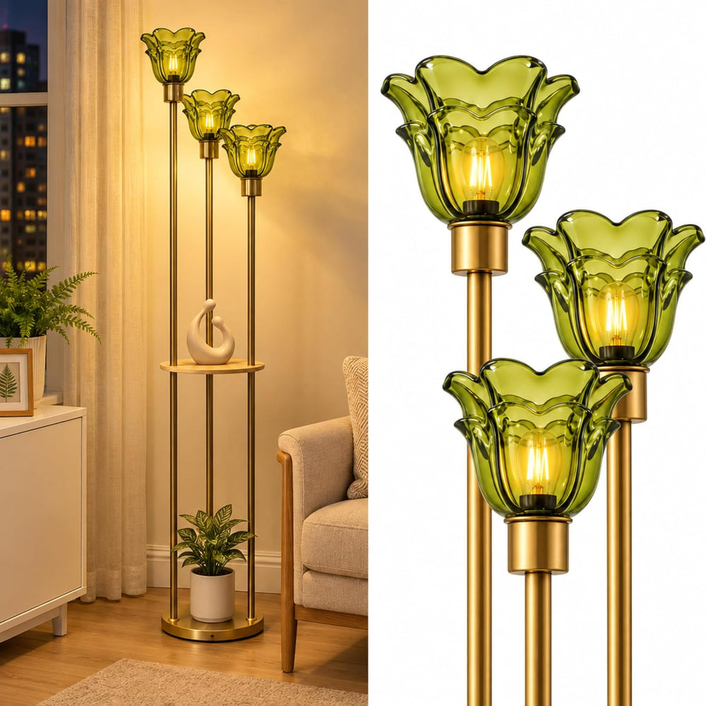 Fiqevs 3 Flower Mid Modern Glass Floor Lamp with Shelves for Living Room
