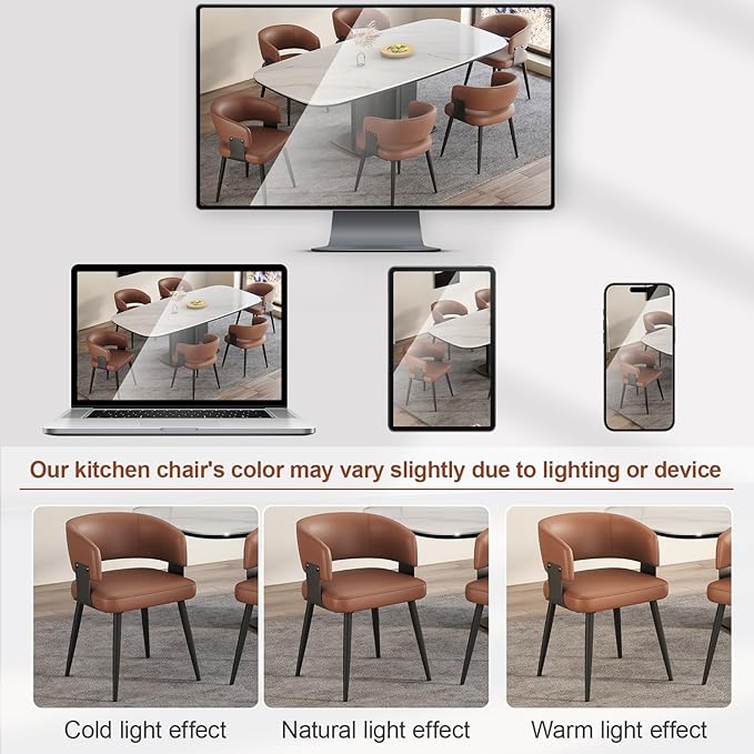 Modern Dining Chairs Set of 2, Upholstered Faux Leather Kitchen Side Chairs with Curved Open Back, Easy Assembly for Dining Room, Restaurant, Cafe, Brown