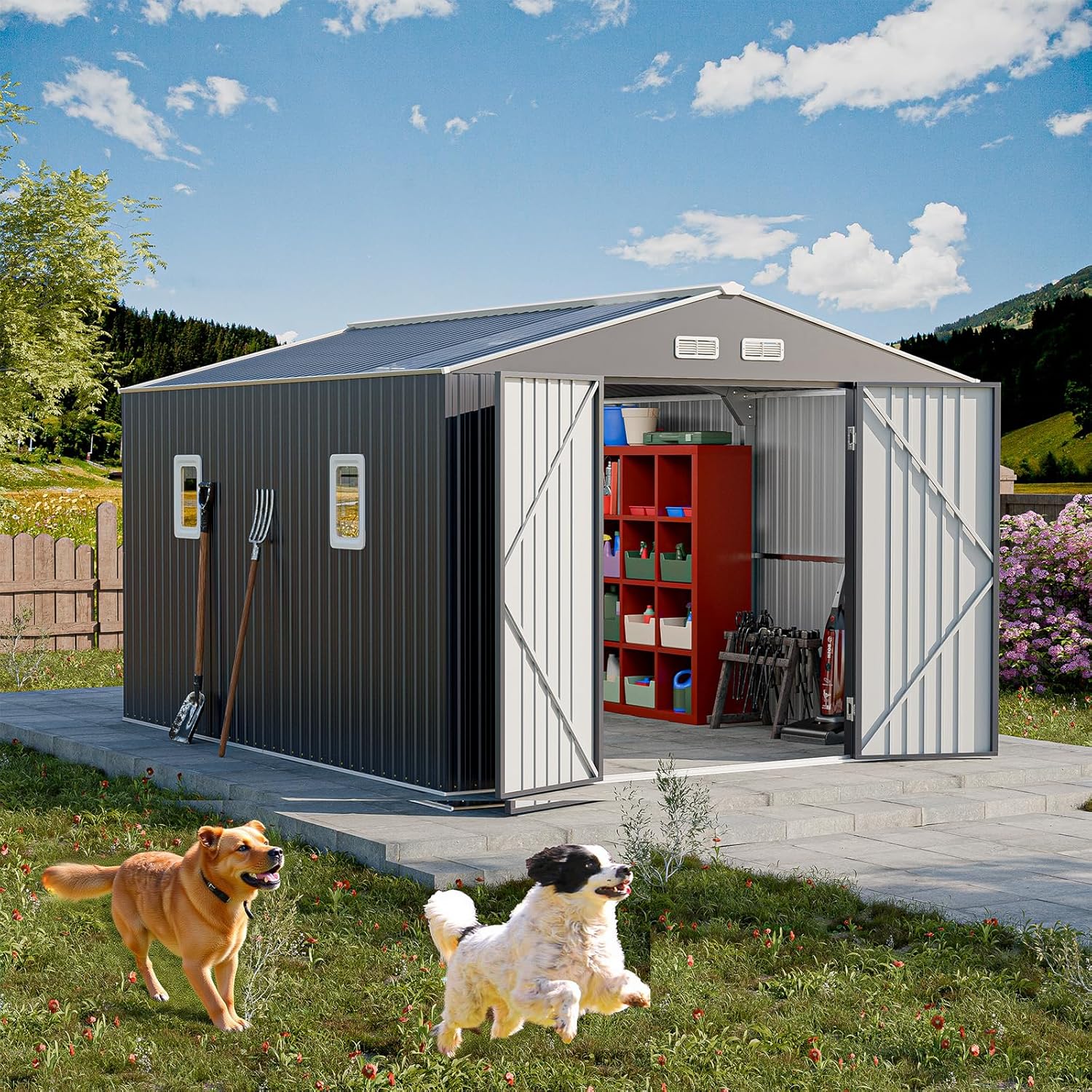 Restland 10x12 FT Outdoor Storage Shed with Floor Base Frame Metal Garden Shed with Clear Roof, Air Vent & Lockable Door Large Tool Storage House for Backyard, Garden, Lawn