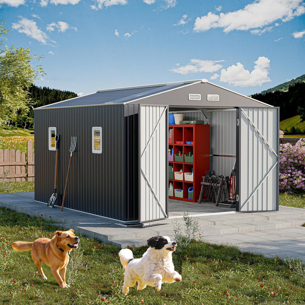 Restland 10x12 FT Metal Storage Shed Reinforced Frame Outdoor Shed with Clear Roof, Air Vent & Lockable Door Large Garden Tool Storage Sheds for Backyard, Garden, Lawn