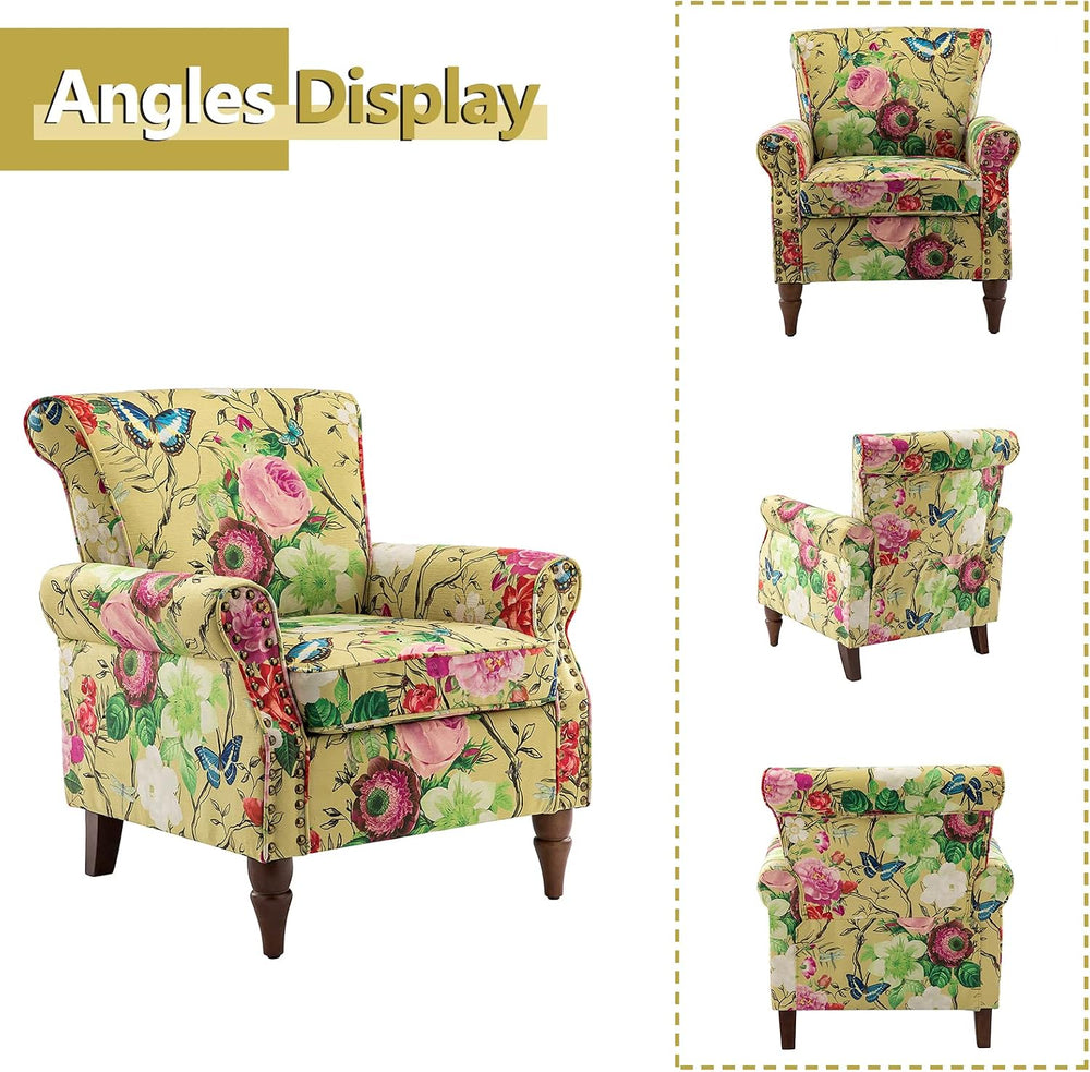 HULALA HOME Traditional Floral Accent Chair with Solid Wood Legs, Mustard
