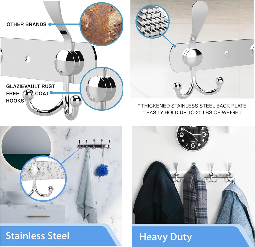 GlazieVault Coat Rack Wall Mount - Stainless Steel Coat Hooks (2 Pack) - Heavy Duty Wall Hooks for Clothes & Accessories (Silver Tri)