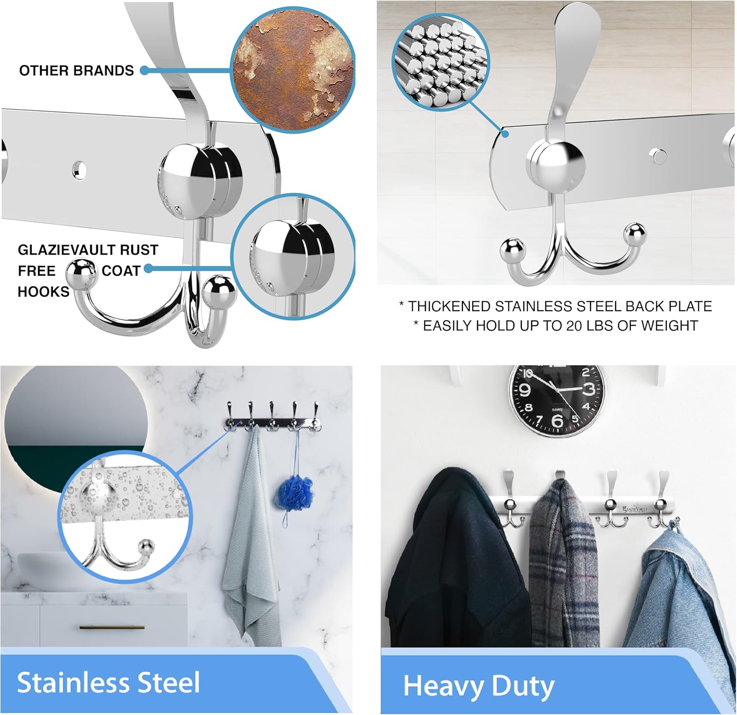 GlazieVault Coat Rack Wall Mount - Stainless Steel Coat Hooks (2 Pack) - Heavy Duty Wall Hooks for Clothes & Accessories (Silver Tri)