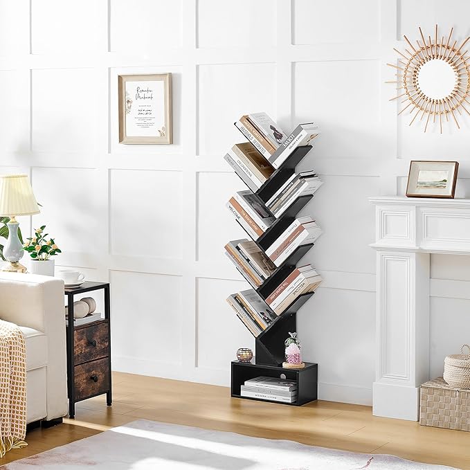 Hoctieon 9 Tier Tree Bookshelf, Tall Bookcase with Drawer, Wood Book Shelf, M...