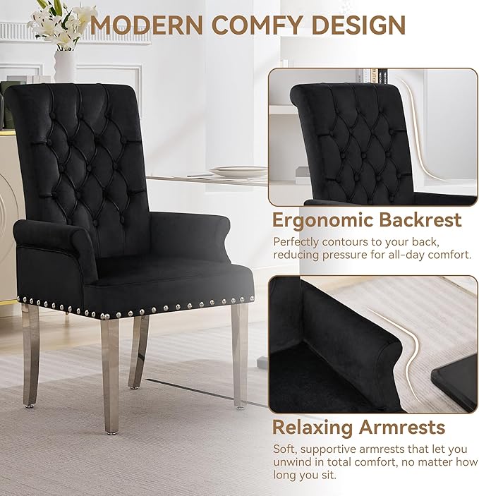 Velvet Dining Chair with Arms, Upholstered Tufted High Back Dining Room Chairs, Accent Armchair with Chrome Leg and Nailhead Trim, Kitchen Dining Living Room, Black