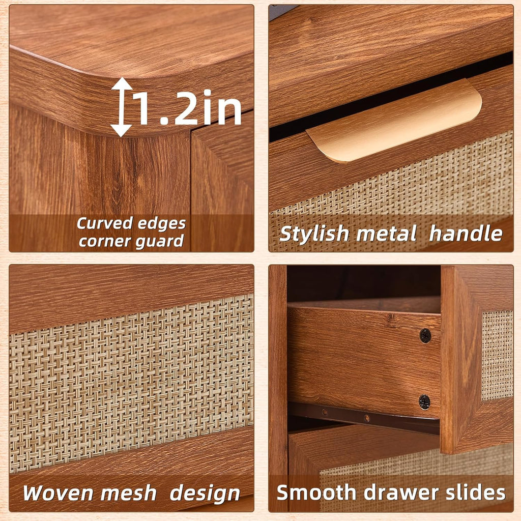 LEYAOYAO Rattan Night Stand with Charger Station, 23" Large 3 Drawer Boho Nightstand, Tea Brown Bedside Table Storage Cabinet, Bed Side End Tables for Bedroom, Living Room, Hallway