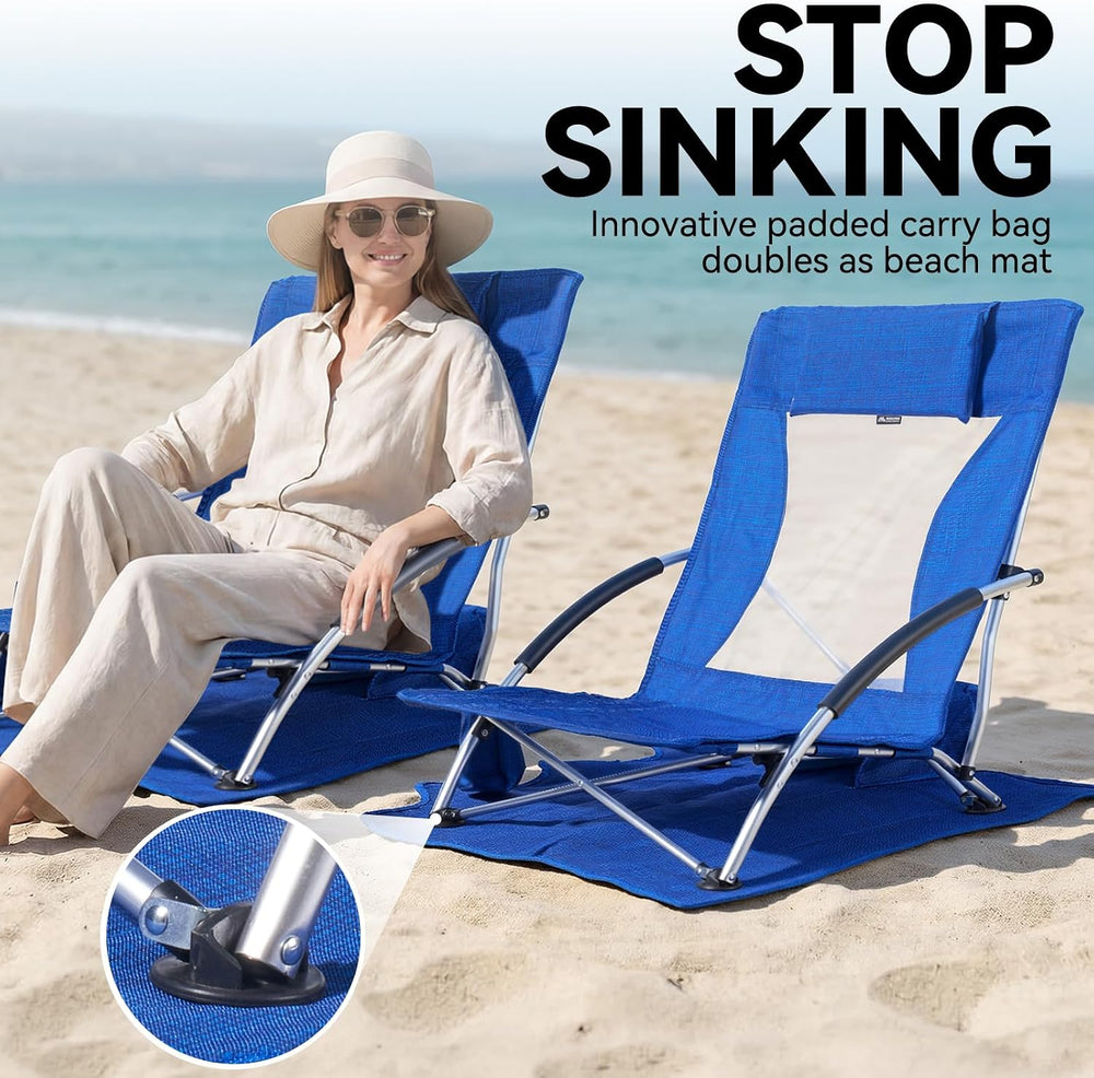Huskfirm Low Beach Chairs 2 Pack, Lightweight Backpack Beach Chairs for Adult...