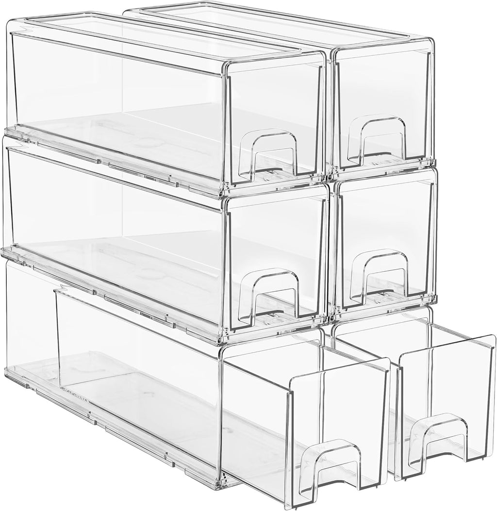 Sorbus Small Clear Stackable Storage Drawers – 6-Pack Plastic Organizer Bins with Handles – Stackable Pull-Out Storage Drawers for Closet, Pantry, Office, Bathroom, Craft, and Toy Organization